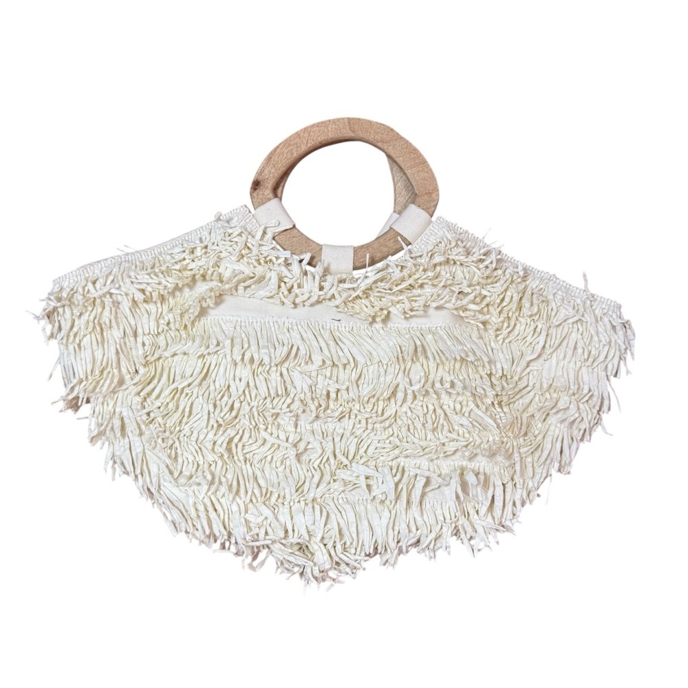 Anthropologie Raffia Fringe Wooden Handle Tote Bag Boho Natural